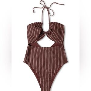 New ZULU & ZEPHYR PLUM STRIPE HALTER ONE PIECE